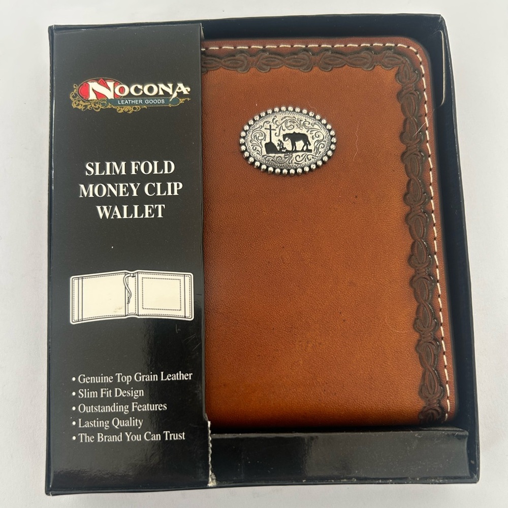 Nocona Brown Leather Slim fold with Money Clip Wallet and Praying Cowboy Emblem